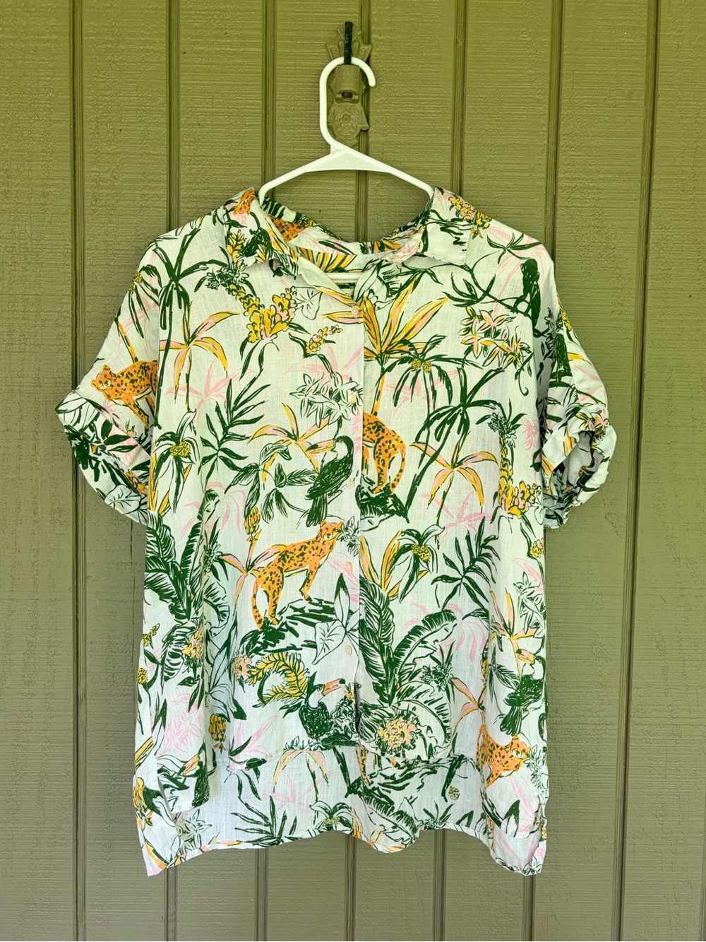Rachel Zoe 100% Linen Jungle Print Button Up Shirt Large Tropical Cheetah Toucan